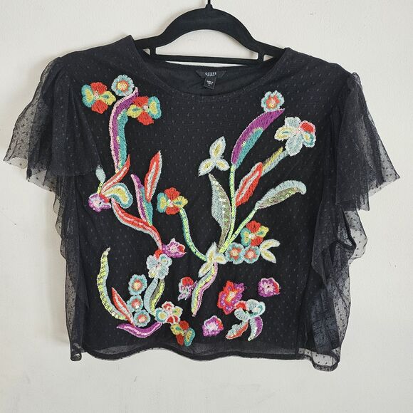 Guess Embroidered Top Sz L Whimsy Goth Fairy Grunge Flutter Sleeve Boxy Crop Top - Picture 1 of 11